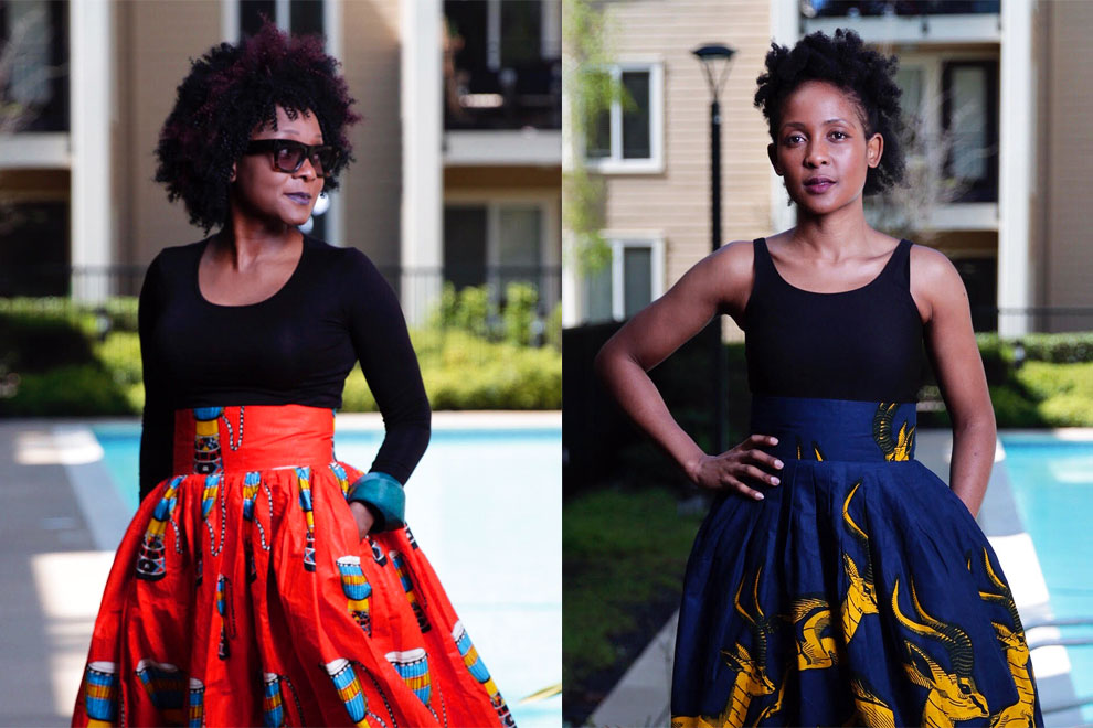 The creators of Enny Ethnic wearing skirts from their line.